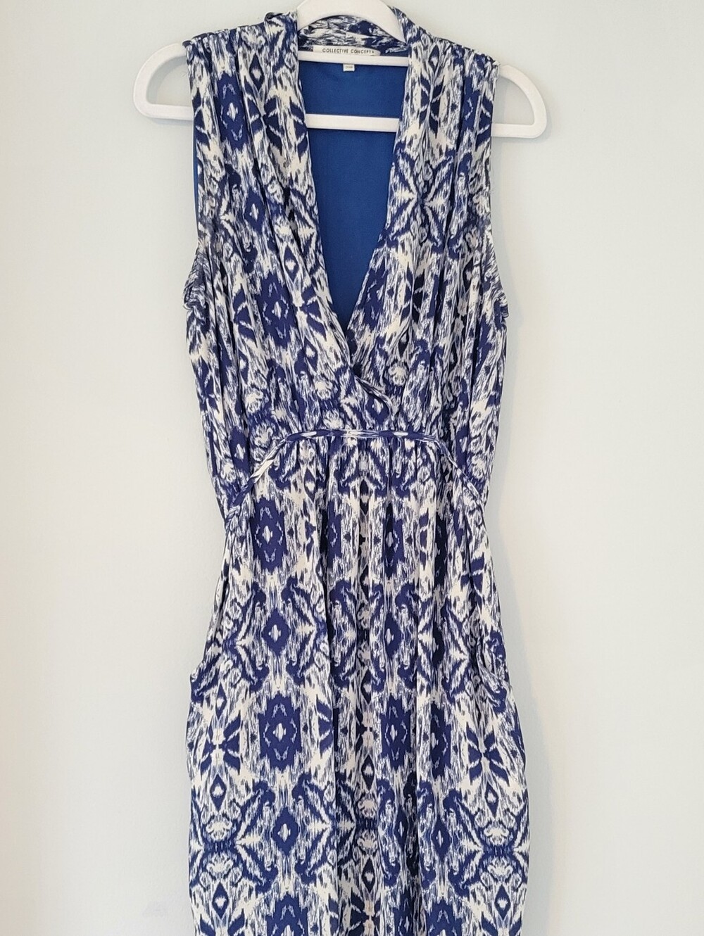 Collective Concepts Geometric Blue Dress with Waist Tie and Pockets